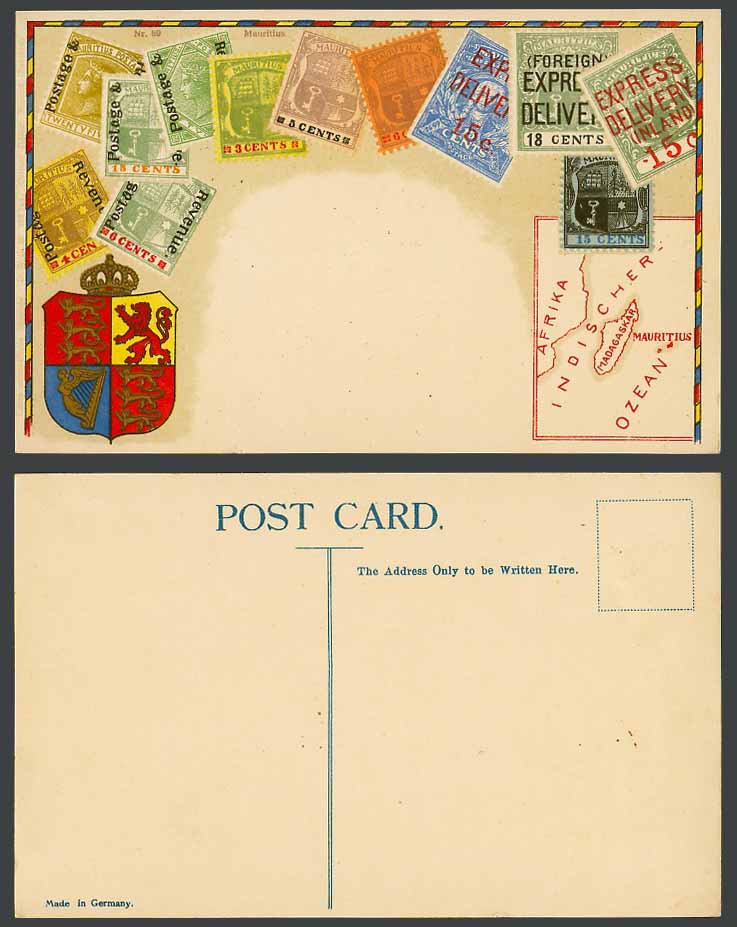 Mauritius MAP Coat of Arms Illustrated Vintage Stamps on Stamp Card Old Postcard