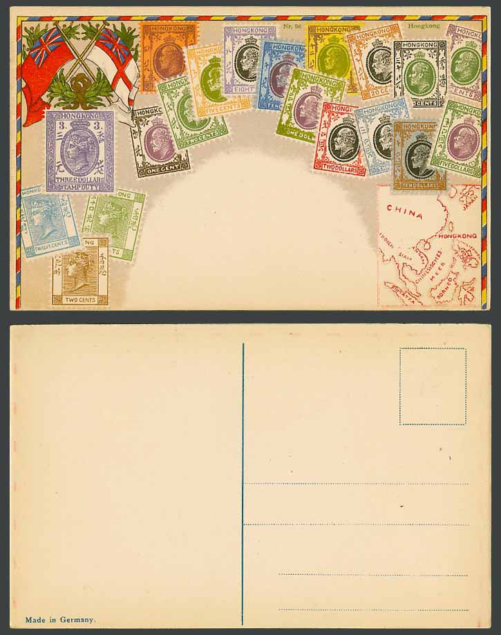 Hong Kong Map, Flags, Illustrated Vintage Queen Victoria KE7 Stamps Old Postcard