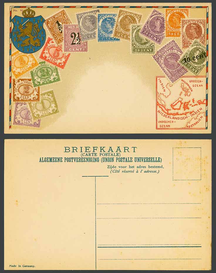 Netherlands Indies Map Vintage Stamps Illustrated Stamp Card D.E.I. Old Postcard