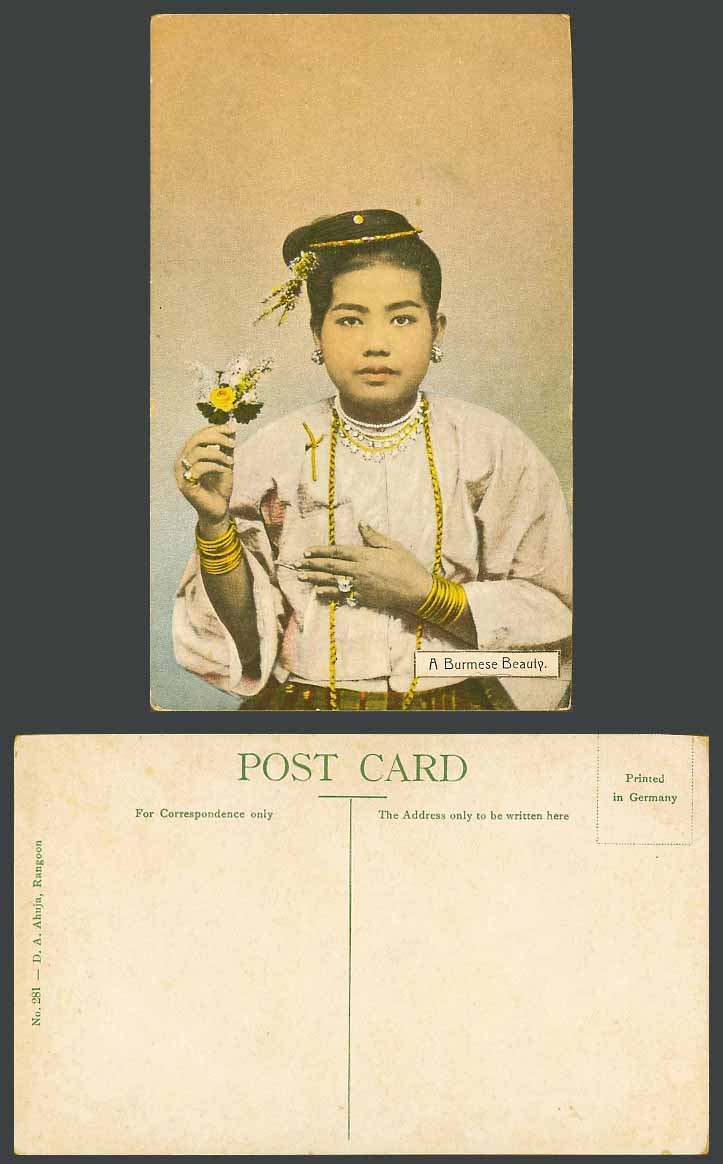 Burma Old Colour Postcard A Burmese Beauty Woman Lady Girl with Flowers Costumes