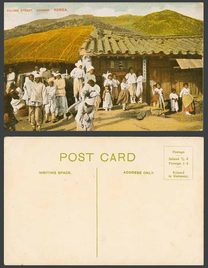 Korea Old Colour Postcard Village Street CHUSAN Children Native Houses and Hills