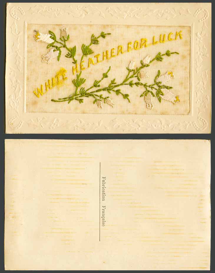 WW1 SILK Embroidered French Old Postcard White Heather For Luck Flowers, Novelty