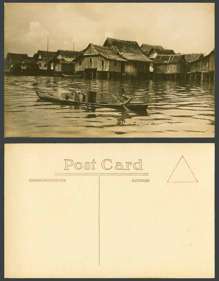Singapore Old Real Photo Postcard Malay Fishing Village Rowing Boat Canoe Houses