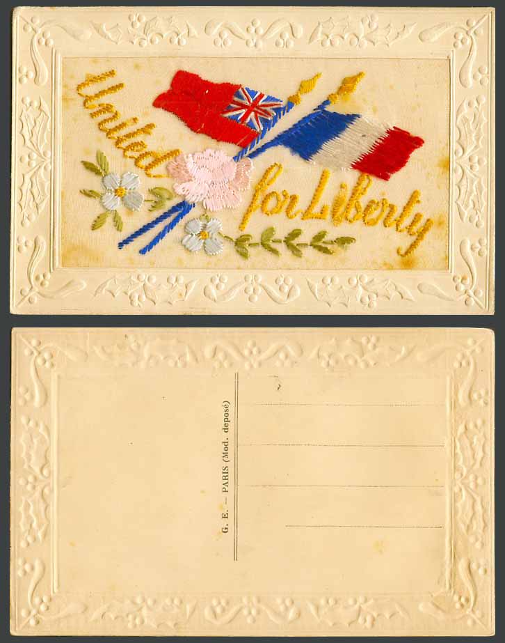 WW1 SILK Embroidered Old Postcard United For Liberty Flower British French Flags