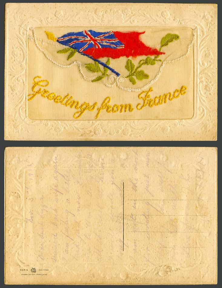 WW1 SILK Embroidered 1915 Old Postcard Greetings from France, Flag, Empty Wallet