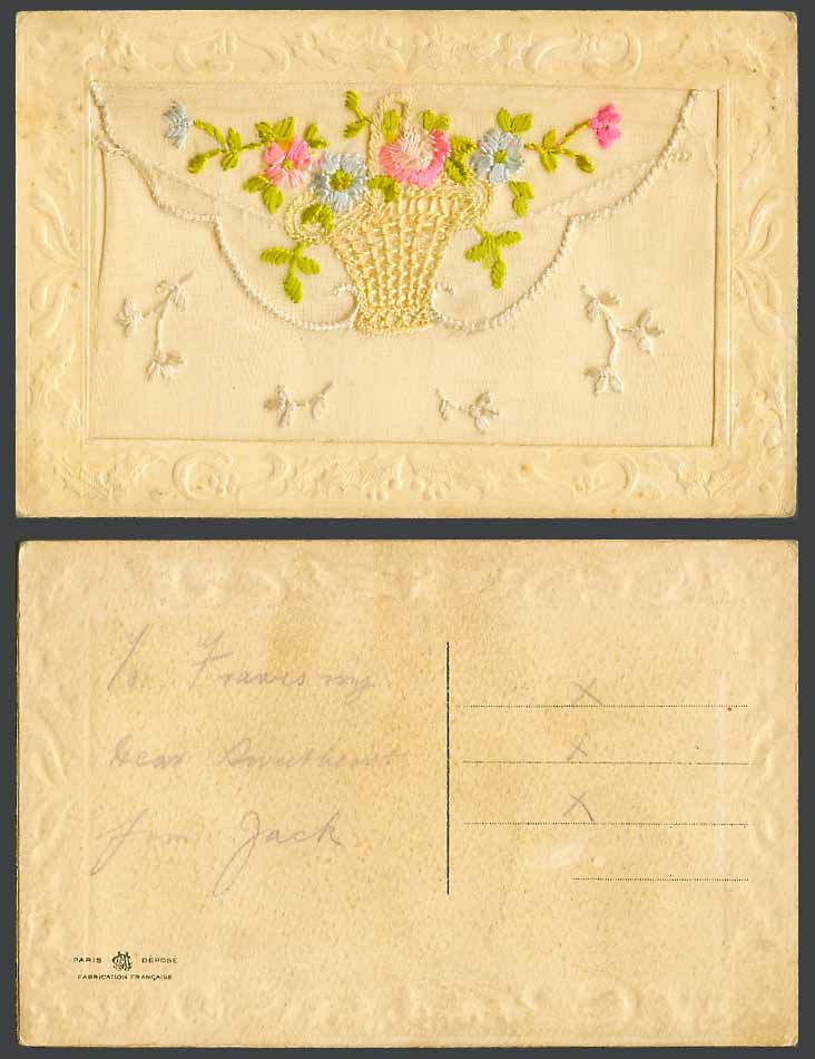 WW1 SILK Embroidered Old Postcard Flowers in Flower Basket Empty Wallet, Novelty
