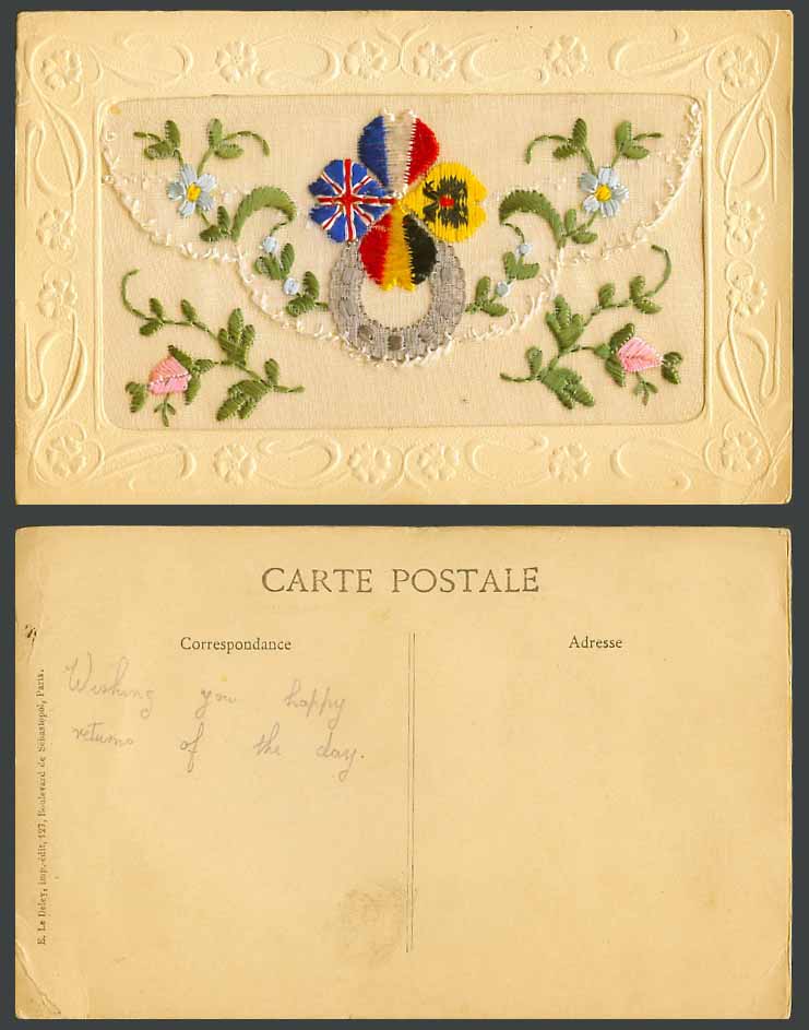 WW1 SILK Embroidered Old Postcard Horseshoe Horse Shoe Flag Flowers Empty Wallet