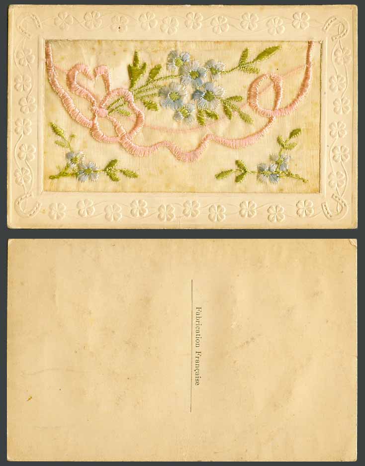 WW1 SILK Embroidered French Old Postcard Bluish Flowers - Empty Wallet - Novelty