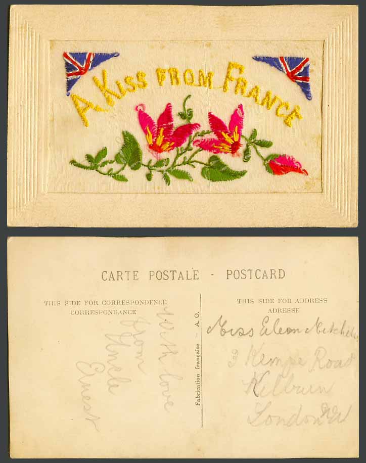 WW1 SILK Embroidered French Old Postcard A Kiss from France, Flag and Flowers AO