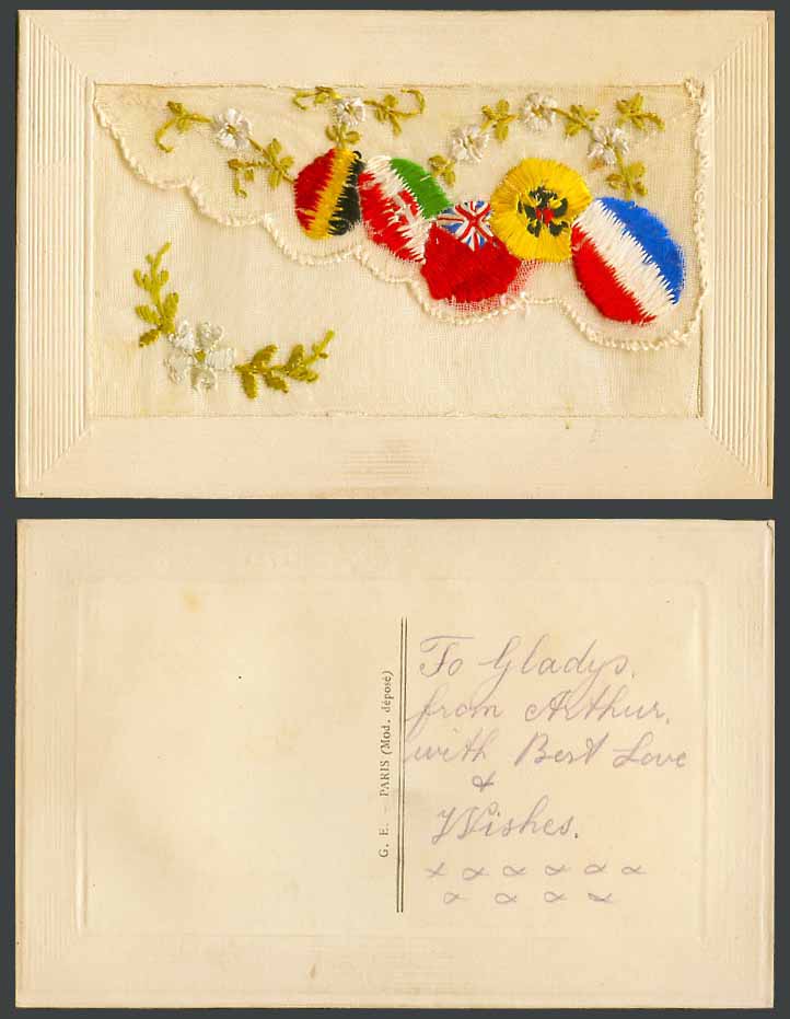 WW1 SILK Embroidered Old Postcard Flower Flag Coat of Arms Empty Wallet GE Paris