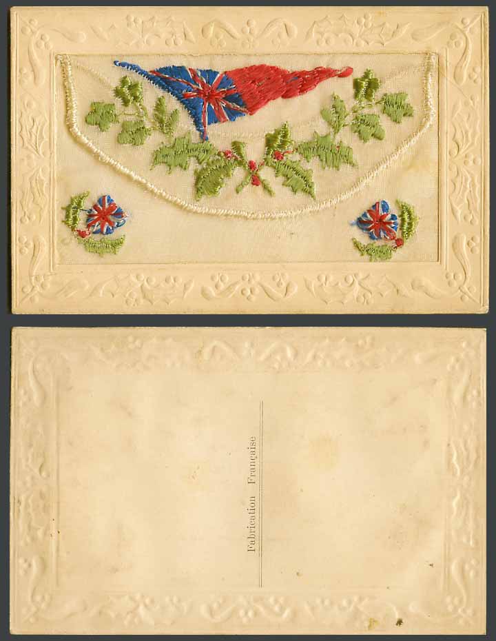 WW1 SILK Embroidered France Old Postcard Holly, British Flag Arms, Empty Wallet