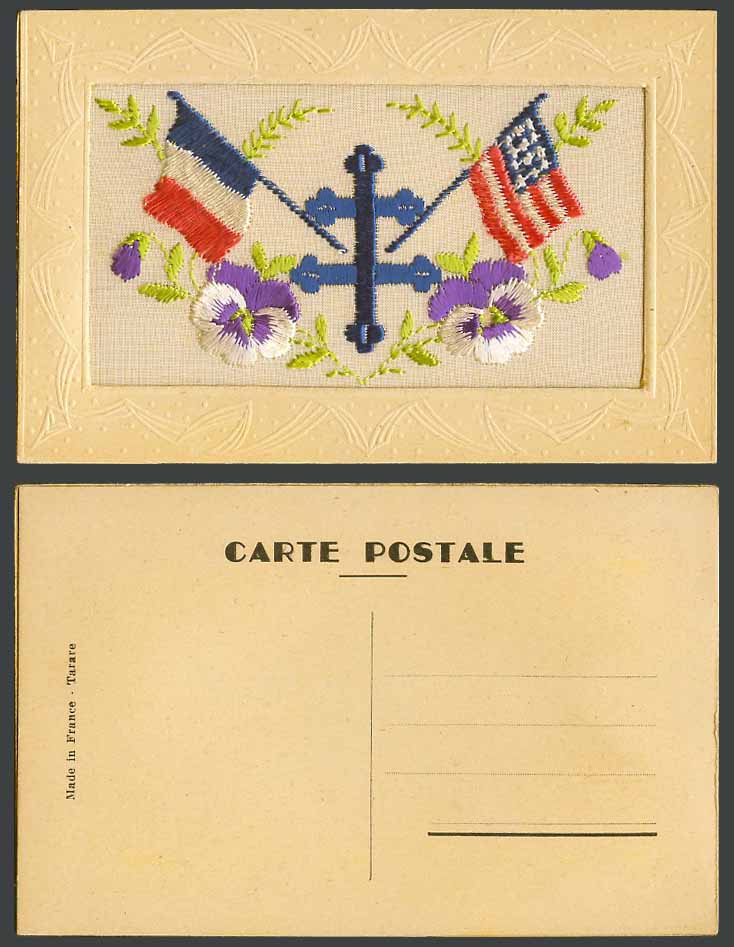 WW1 SILK Embroidered Old Postcard Pansy Flowers USA US Flag French Flags Crosses