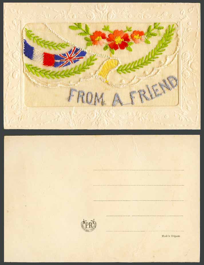 WW1 SILK Embroidered Old Postcard From a Friend Flags Flowers, with Empty Wallet