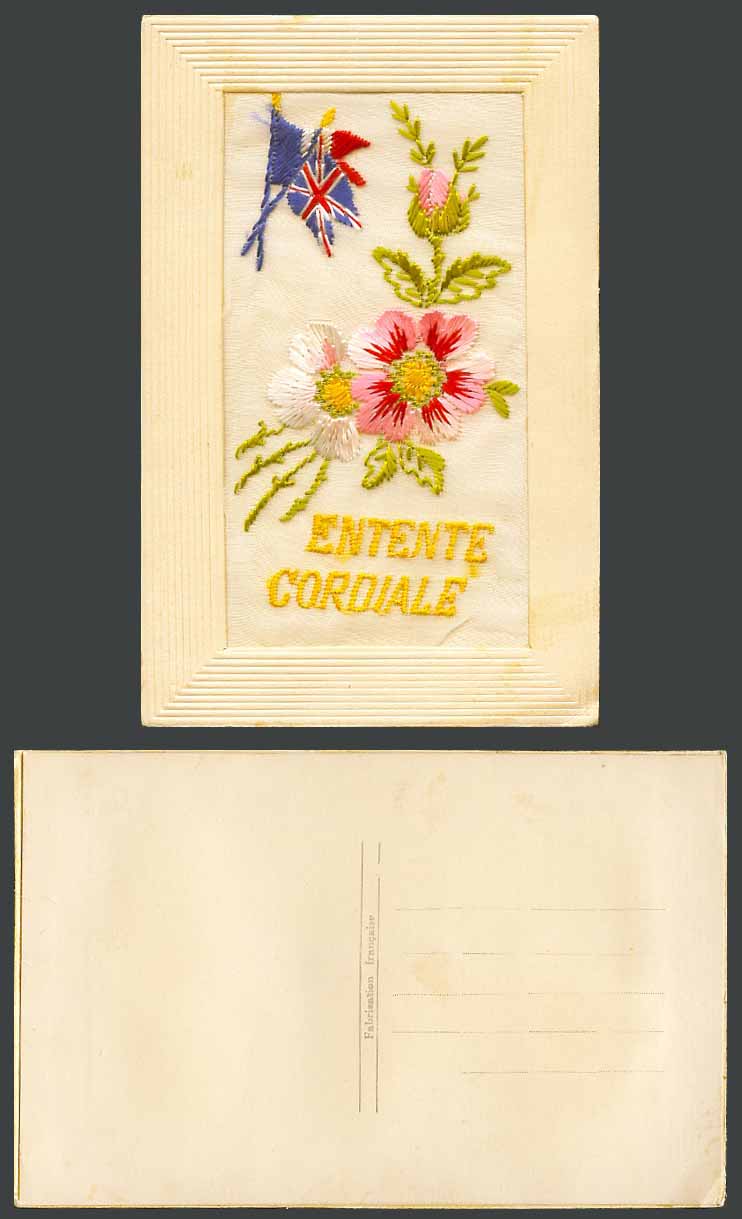 WW1 SILK Embroidered Old Postcard Entente Cordiale Cordial Agreement, Flag Flags