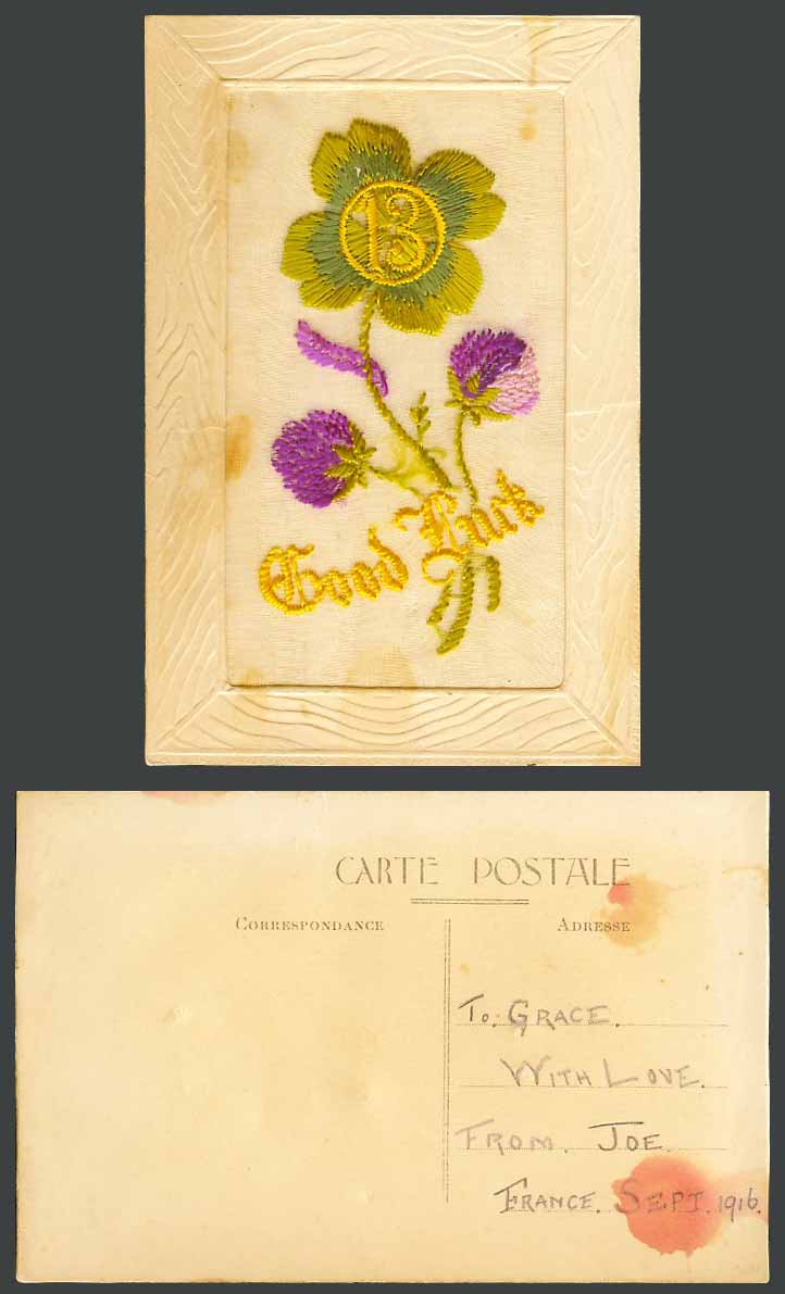 WW1 SILK Embroidered Old Postcard Good Luck, No. 13 in Circle, Flowers, Novelty