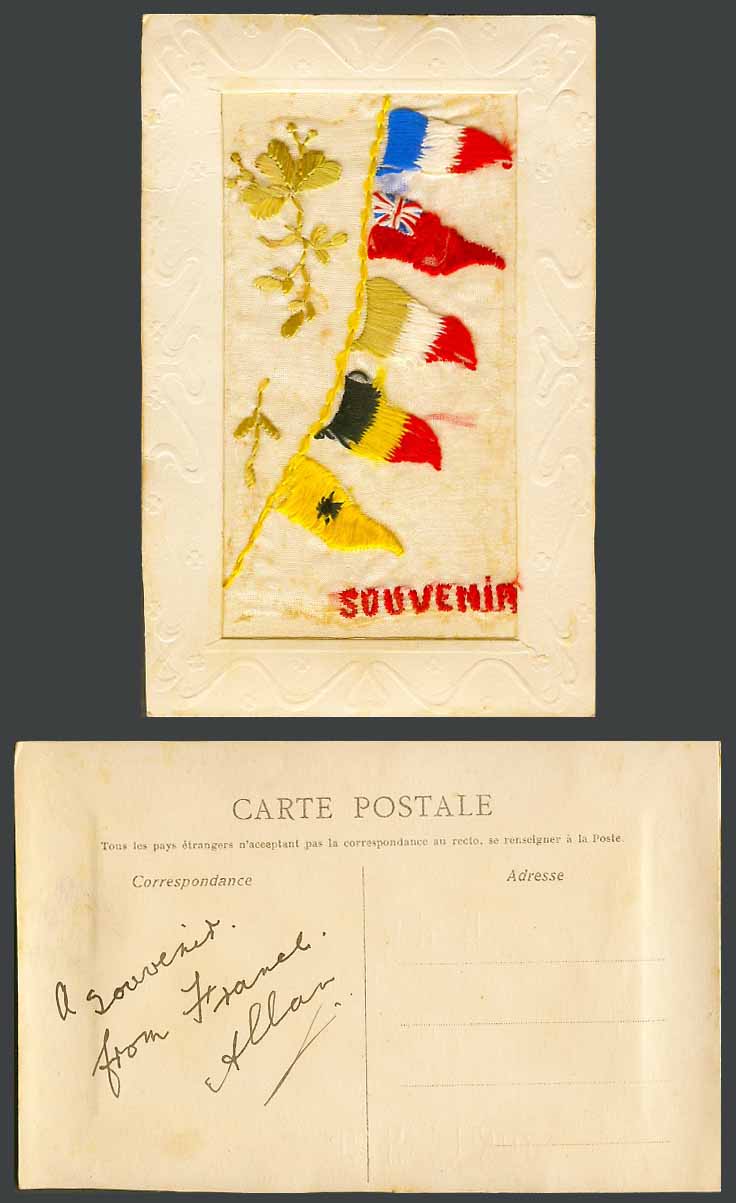WW1 SILK Embroidered France French Old Postcard Souvenir, Flag Flags, Novelty