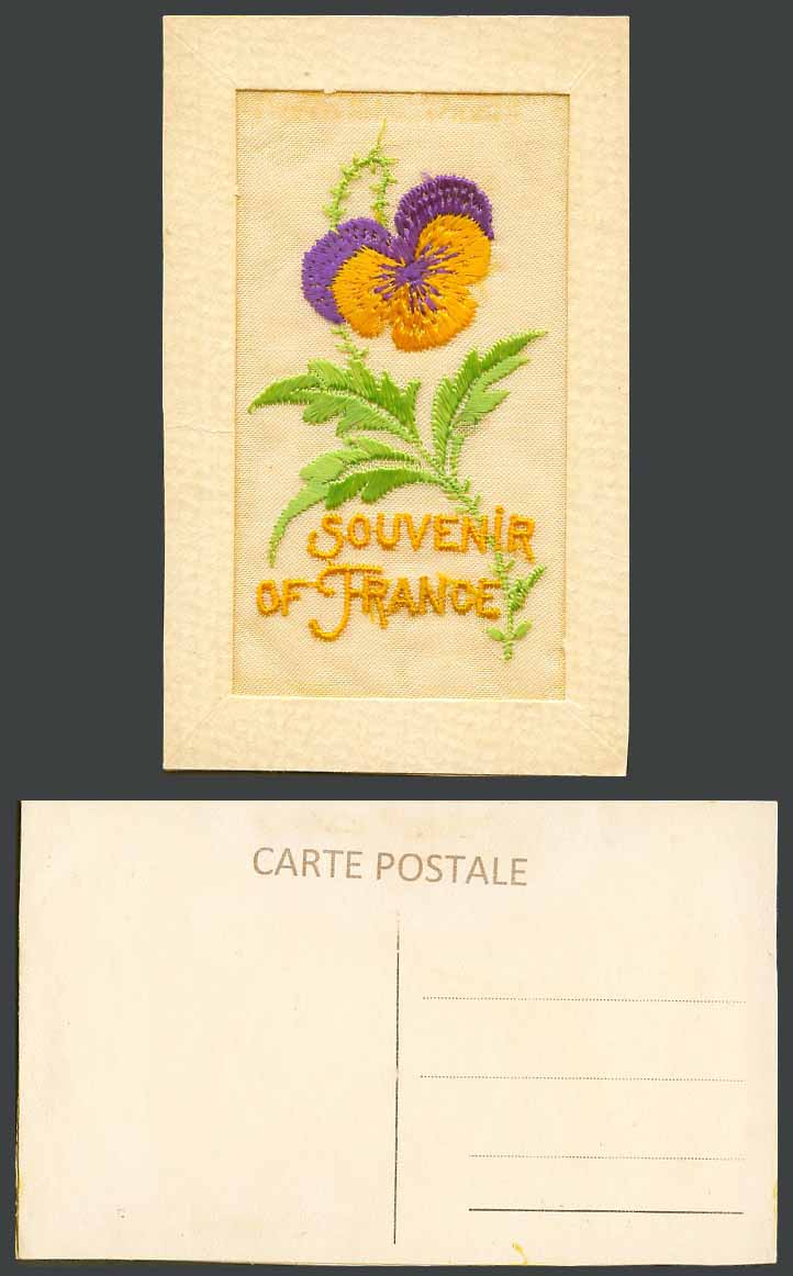 WW1 SILK Embroidered French Old Postcard Souvenir of France Pansy Flower Novelty