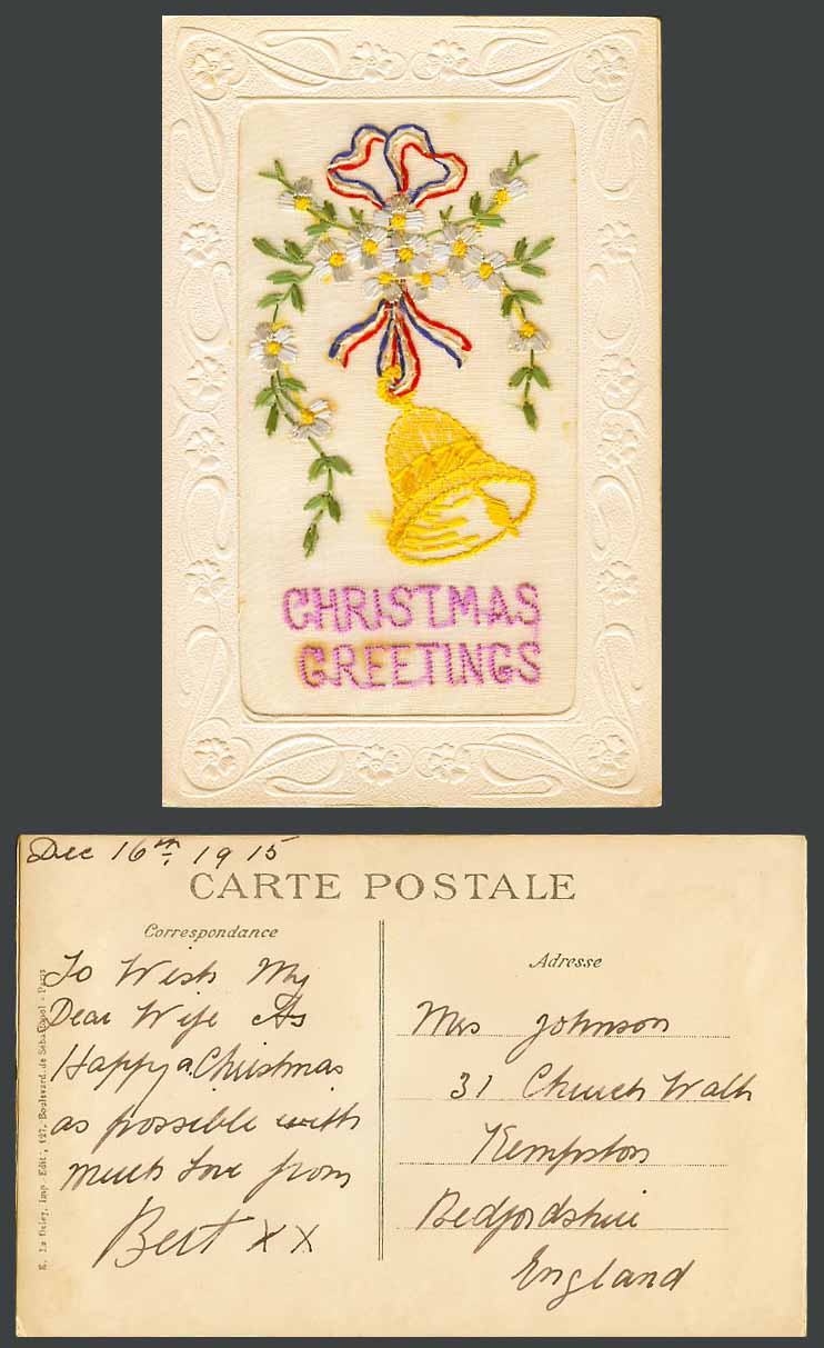 WW1 SILK Embroidered 1915 Old Postcard Xmas Christmas Greetings Flowers and BELL