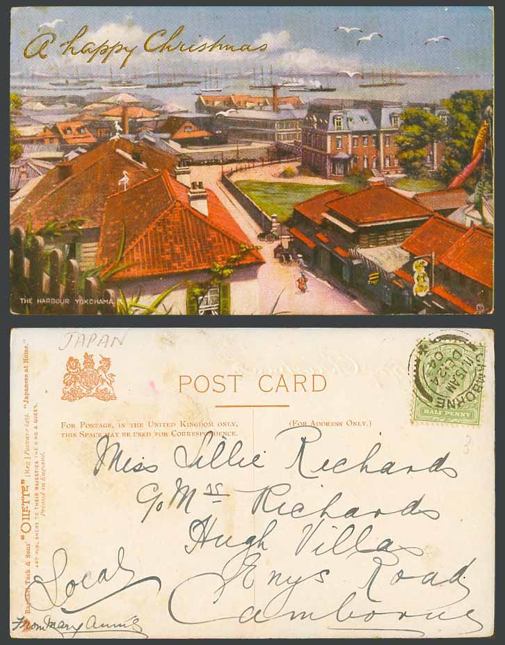 Japan 1904 Old Tuck's Oilette Postcard Yokohama Harbour Ships, Street, Christmas