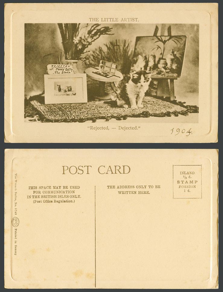 Cat Kitten Pet, The Little Artist Rejected - Dejected 1904 Old Embossed Postcard