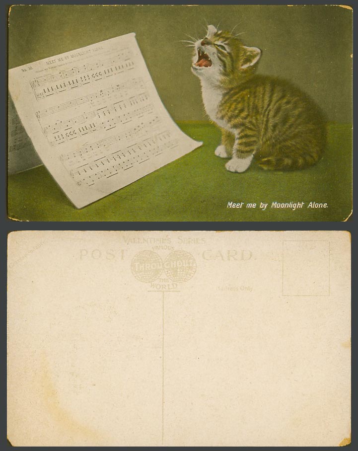 Cat Kitten Singing Song Music Sheet, Meet Me by Moonlight Alone Old Postcard Pet