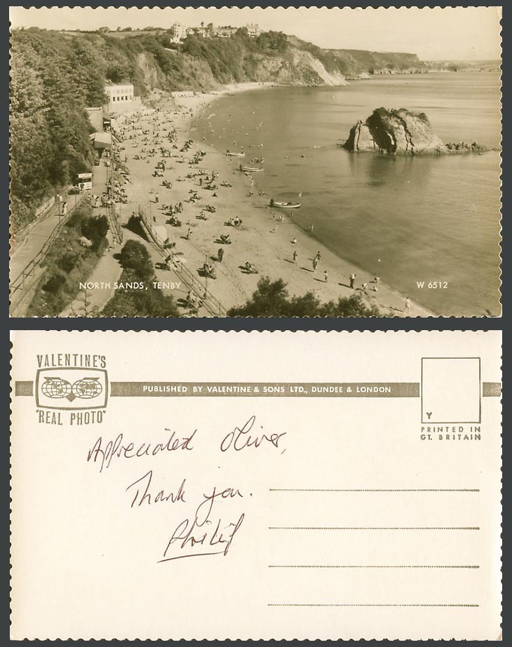 TENBY Wales Old Real Photo Postcard North Sands Beach, Goscar Rock, Boats Cliffs