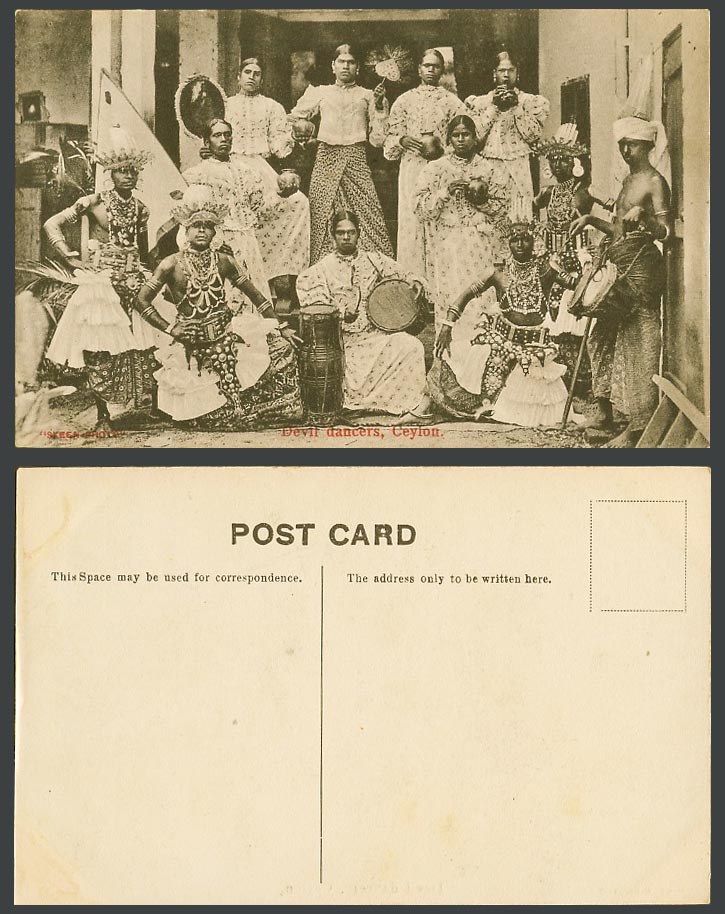 Ceylon Old Postcard Devil Dancers Dancing Costumes Dance Drum Drummer Tambourine