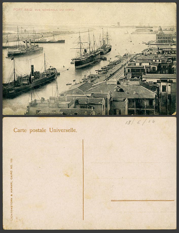 Egypt 1916 Old Postcard Port Said Vue Generale du Canal Suez General View, Ships