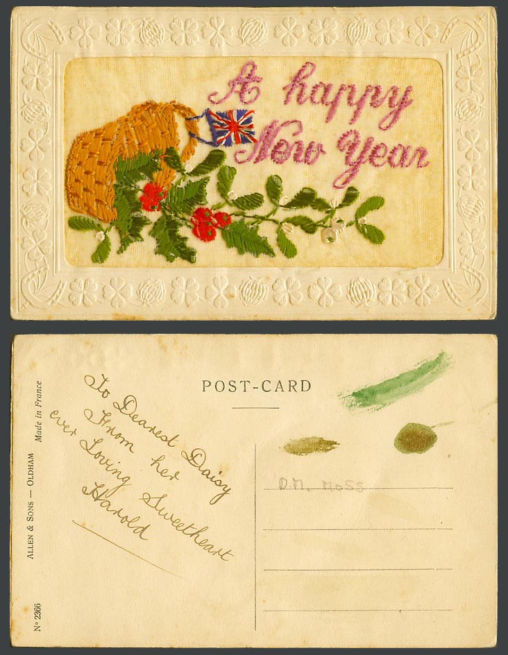 WW1 SILK Embroidered Old Postcard A Happy New Year Holly Mistletoe Basket France
