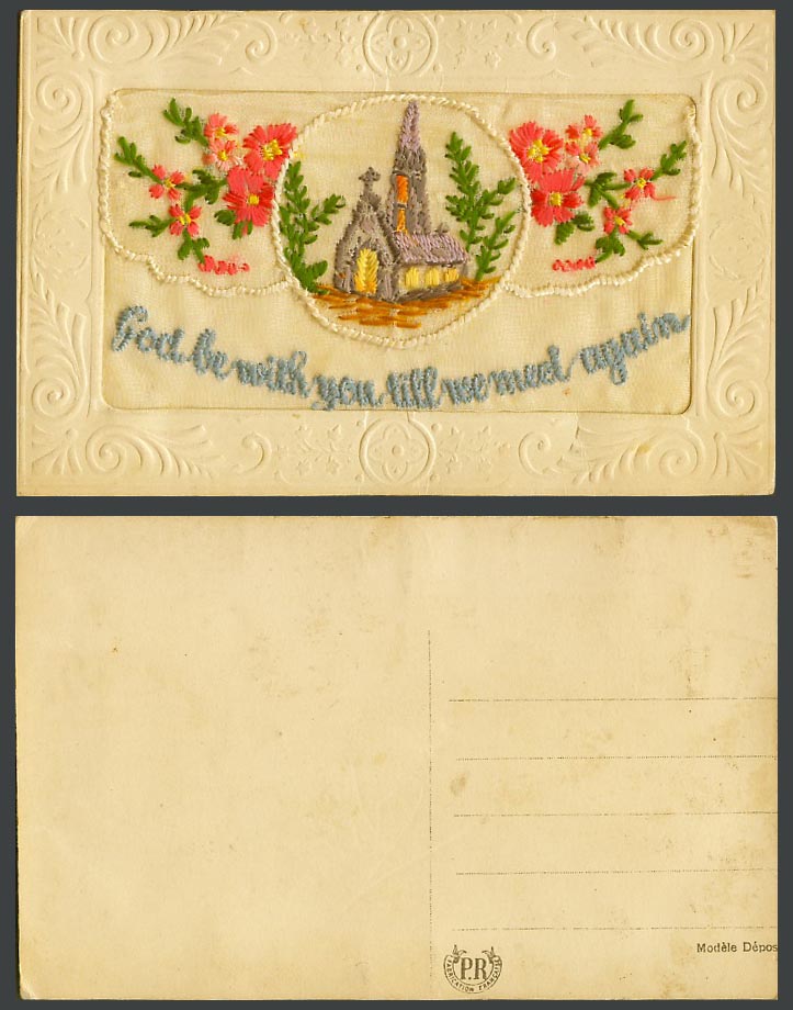 WW1 SILK Embroidered Old Postcard God Be With U Till We Meet Again Church Wallet