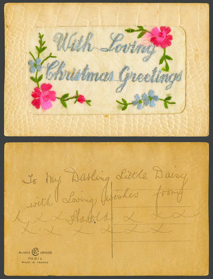 WW1 SILK Embroidered French Old Postcard With Loving Christmas Greetings Flowers
