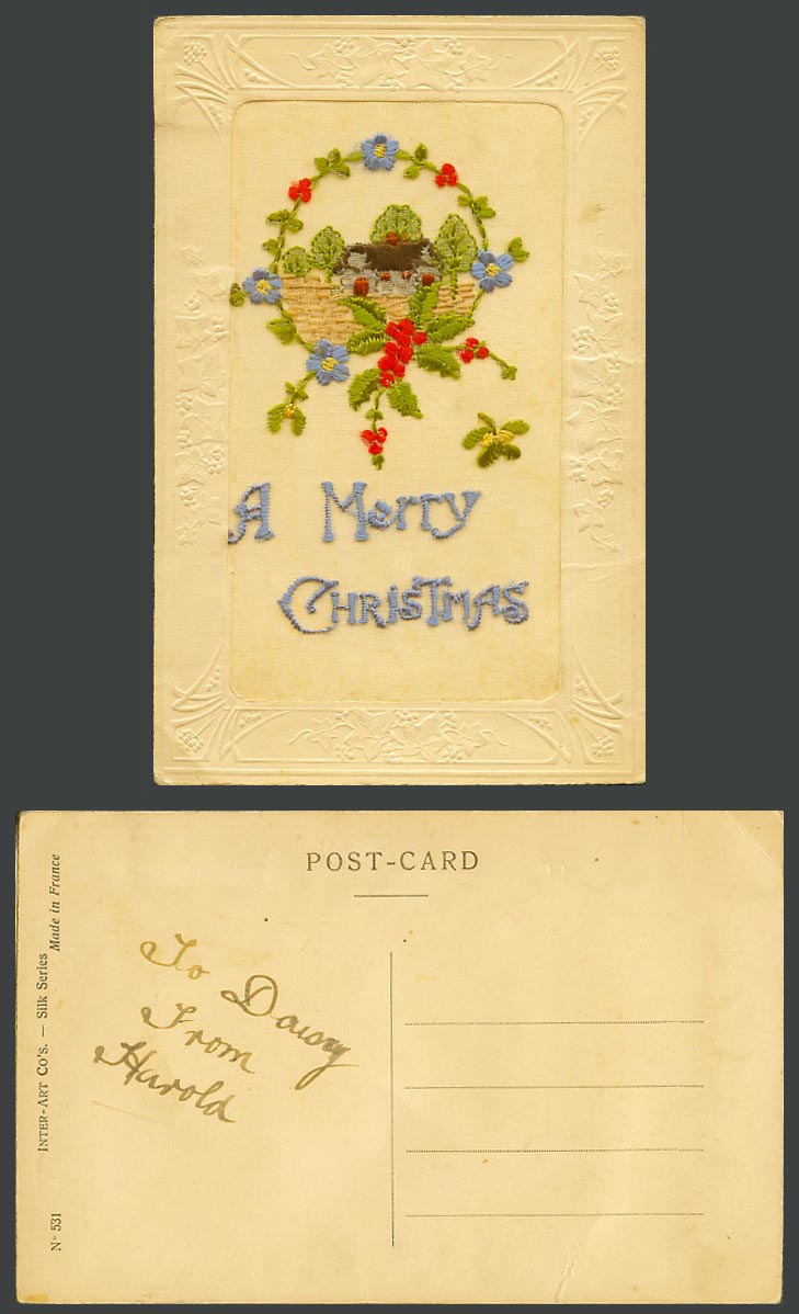 WW1 SILK Embroidered Old Postcard A Merry Christmas Xmas Greetings Cottage House