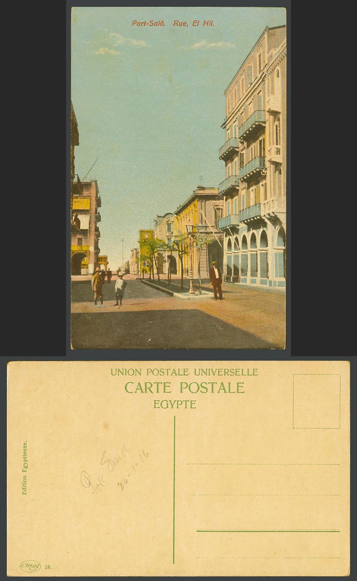 Egypt WW1 1916 Old Colour Postcard Port Said Rue El Nil Street Scene Men and Boy