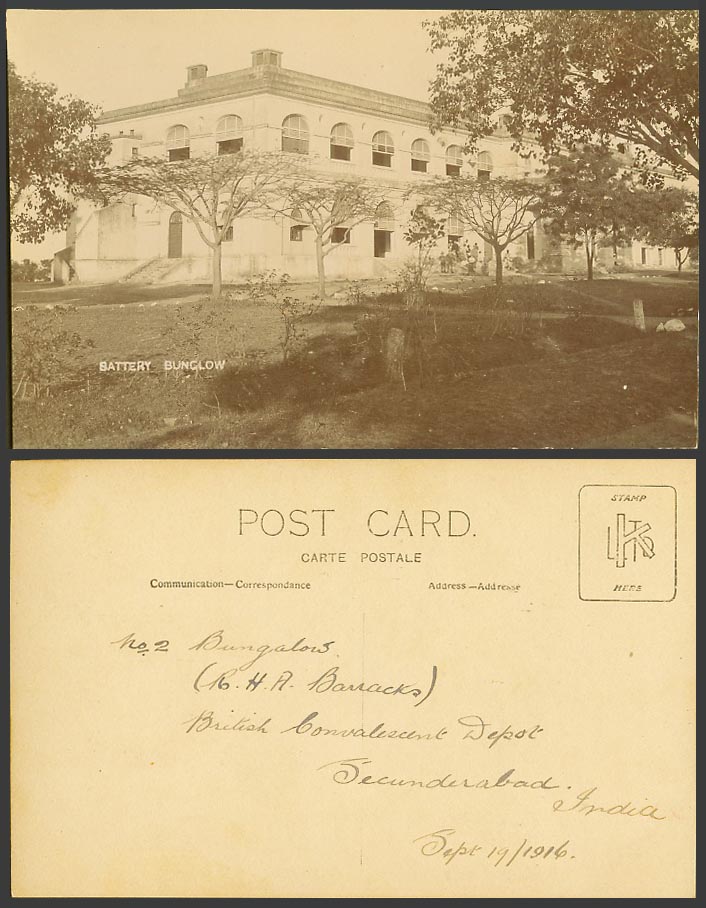 India 1916 Old Real Photo Postcard Battery Bungalow R.H.A. Barracks Secunderabad