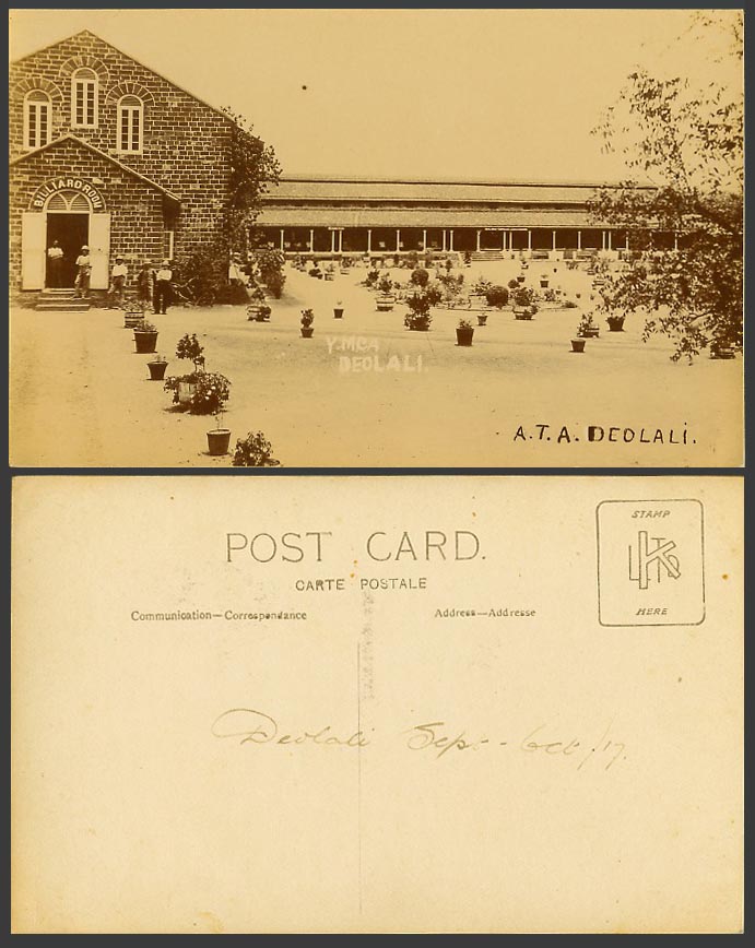 India 1917 Old Real Photo Postcard A.T.A. Deolali, Y.M.C.A., Billiard Room, Pots