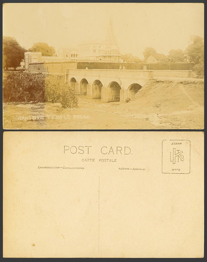 India Old Real Photo Postcard Wanowrie Temple Poona Pune Bridge over River Scene