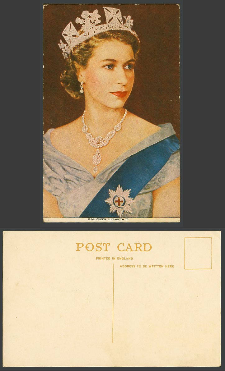 H.M. Queen Elizabeth II Crown Red Cross Medal Brit Royalty Portrait Old Postcard
