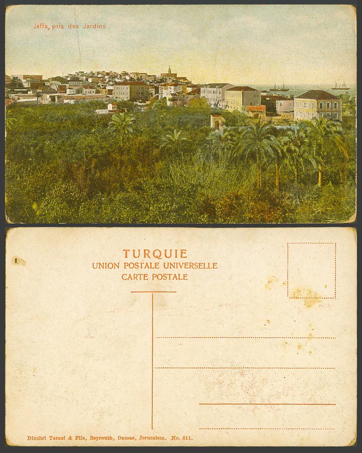 Palestine Old Colour Postcard Jaffa pris des Jardins View from Gardens Palm Tree