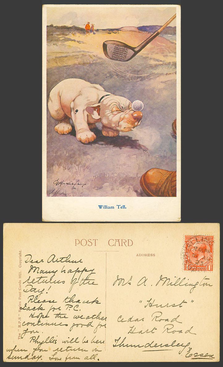 BONZO DOG GE Studdy 1923 Old Postcard William Tell GOLF BALL Golfer Golfing 1021