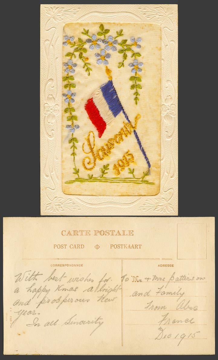 WW1 SILK Embroidered Old Postcard Souvenir 1915 Dec. France French Flag, Flowers