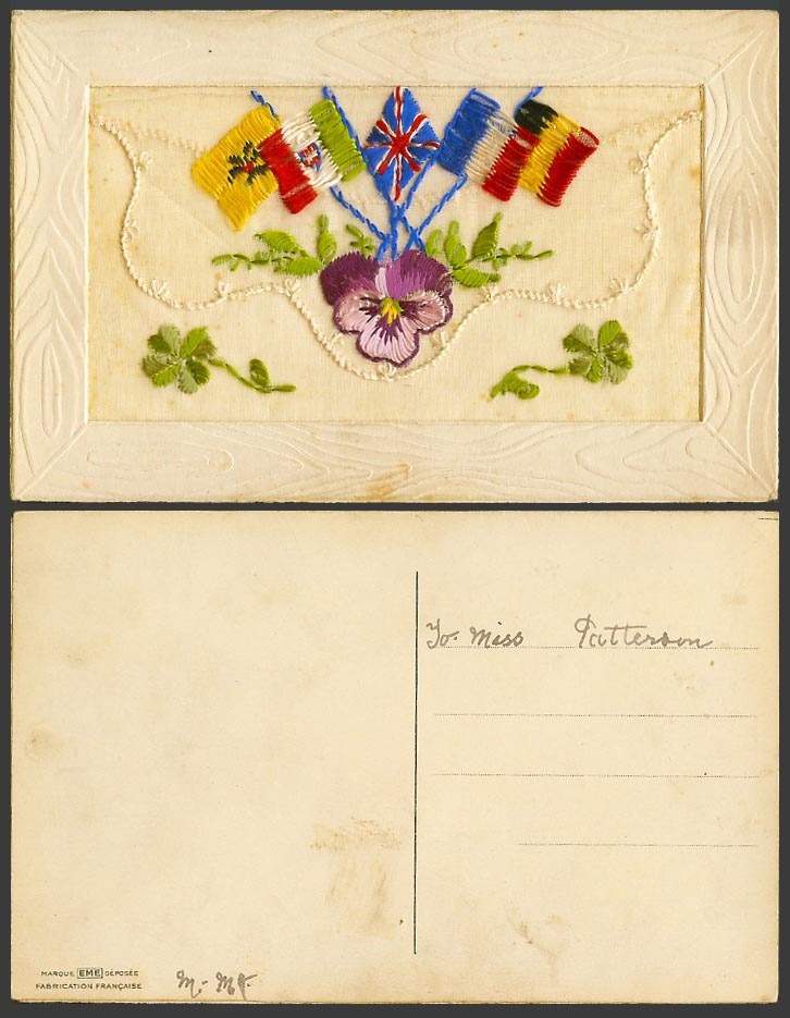 WW1 SILK Embroidered French Old Postcard Flag Flags & Pansy Flower, Empty Wallet