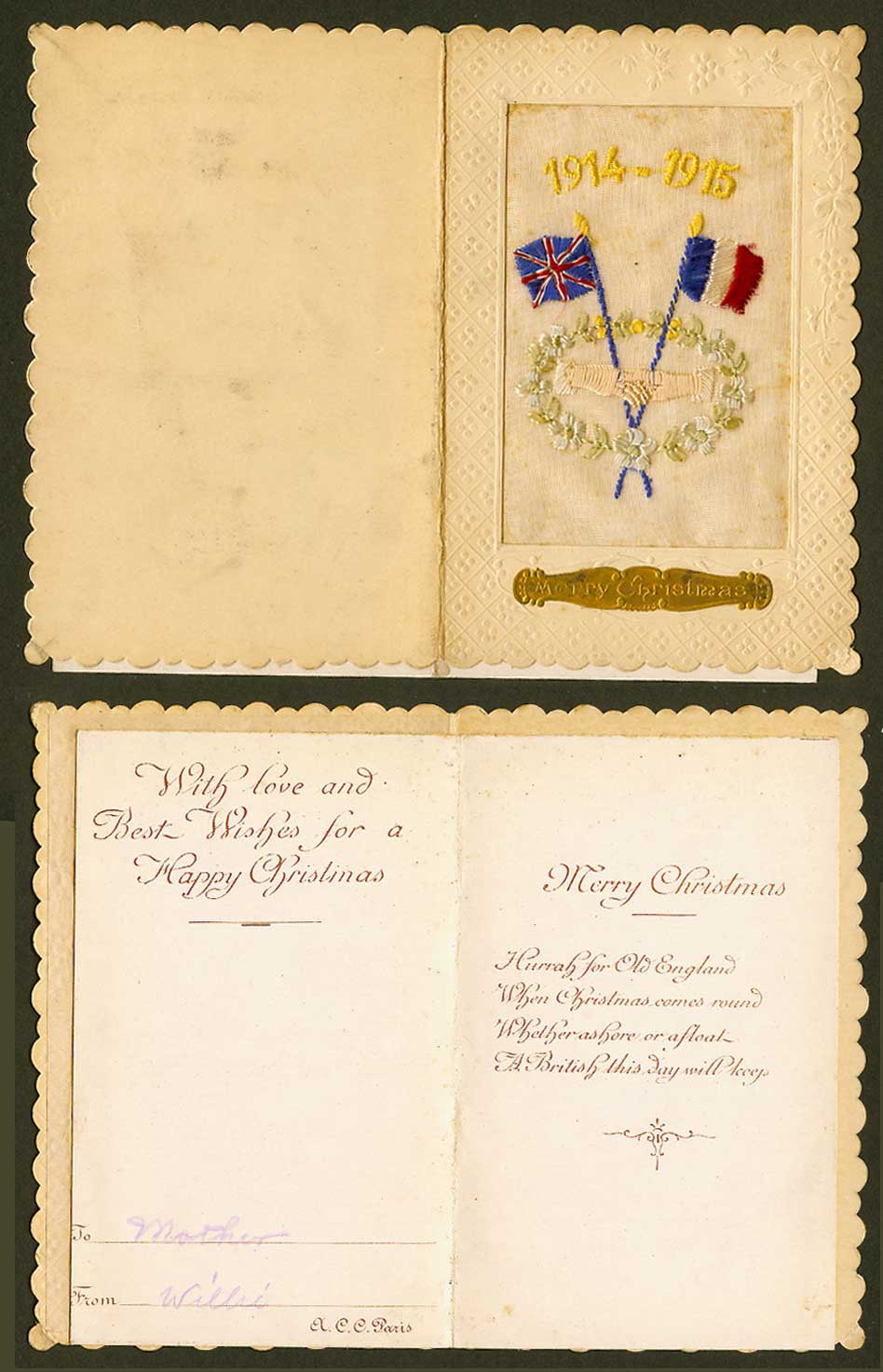 WW1 SILK Embroidered Old Greeting Card 1914-1915 Merry Christmas Hands acs Flags
