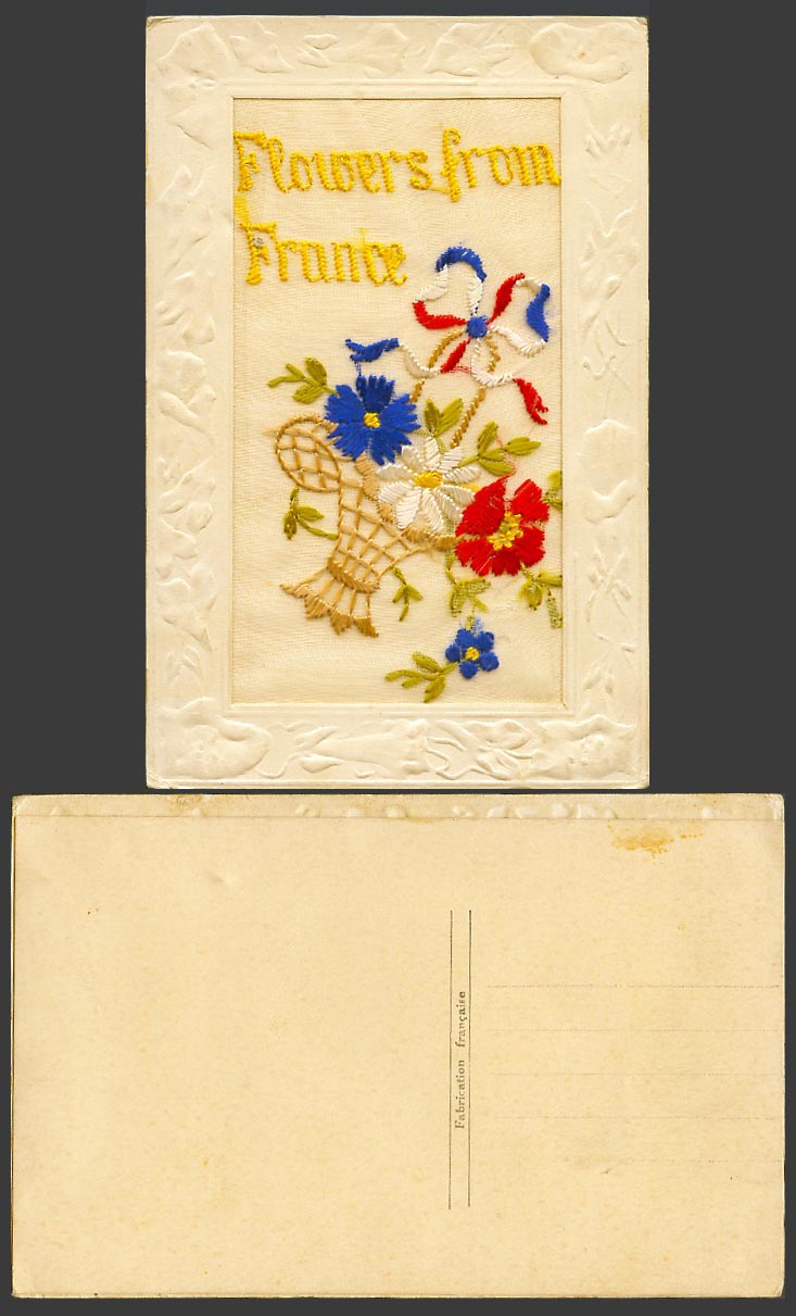 WW1 SILK Embroidered French Old Postcard Flowers from France in Flower Basket