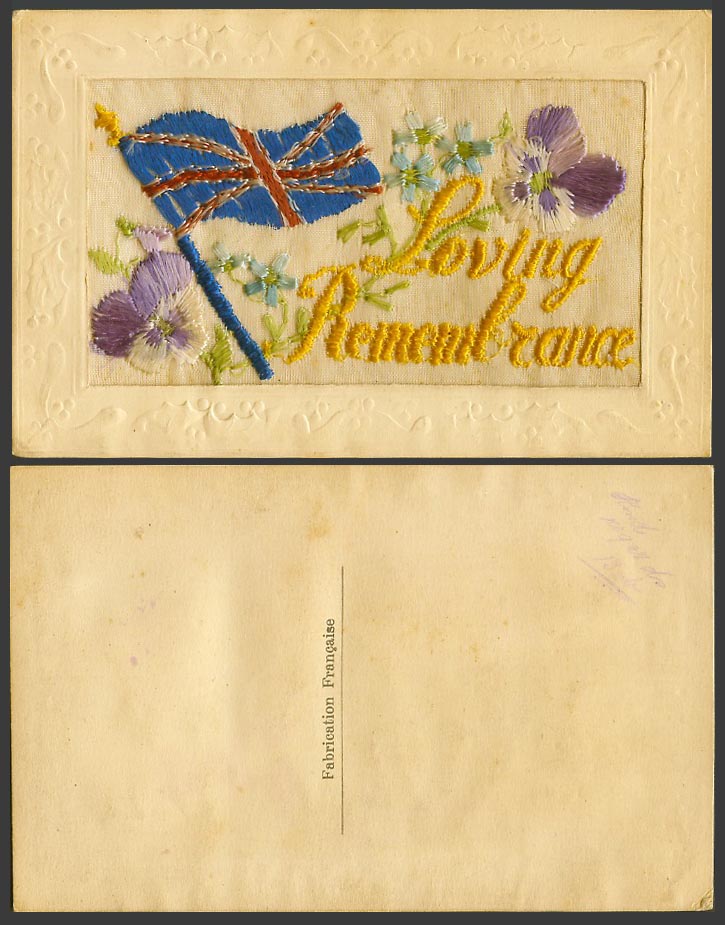 WW1 SILK Embroidered Old Postcard Loving Remembrance, Pansy Flowers British Flag