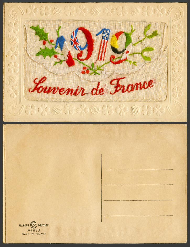 WW1 SILK Embroidered Old Postcard Souvenir de France, 1919, Holly, Empty Wallet