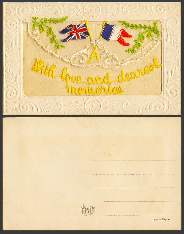 WW1 SILK Embroidered Old Postcard With Love and Dearest Memories, Flags, Wallet