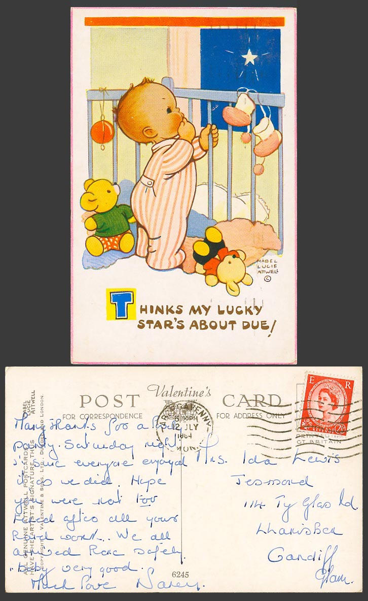 MABEL LUCIE ATTWELL 1964 Old Postcard Teddy Bear, My Lucky Star's About Due 6245