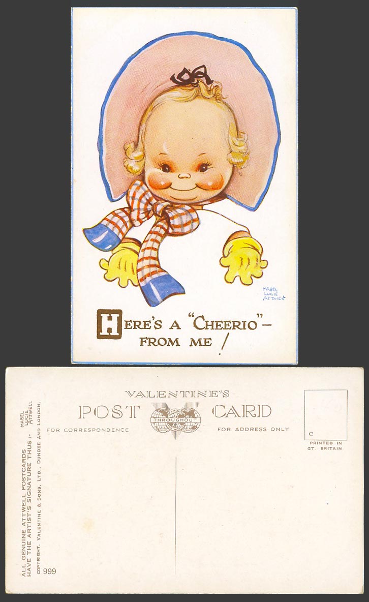 MABEL LUCIE ATTWELL Old Postcard Here's a Cheerio from Me! Girl Gloves Scarf 999