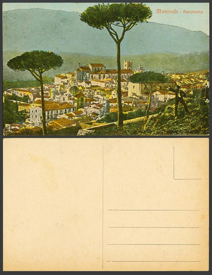 Italy Old Colour Postcard Monreale Panorama General View Trees Mountains Church