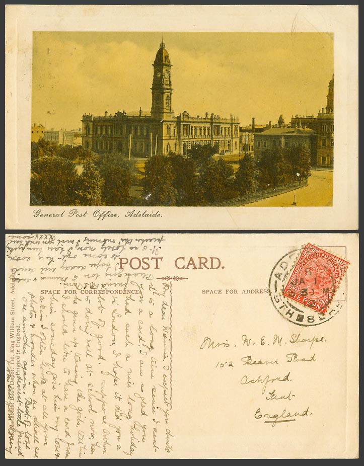 Australia S.A. Queen Victoria 1d 1912 Old Postcard Adelaide, General Post Office